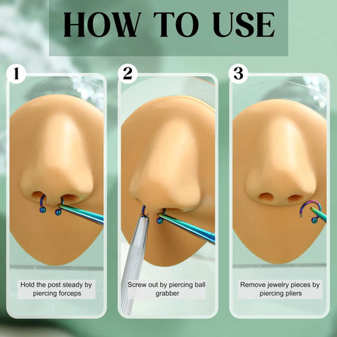 Piercing Taper Pliers Ball Grabber Tool Kit For Hassle-Free Jewelry Changes used on a dummy nose, showing step-by-step procedure