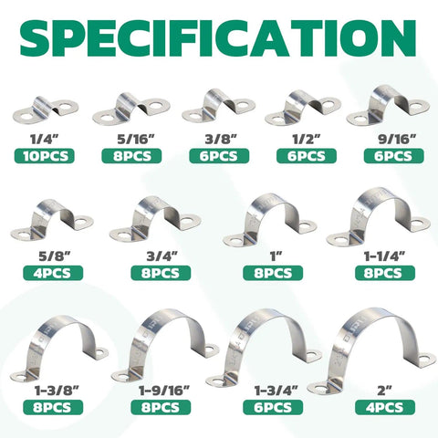 90 Piece Must-Have Conduit Clamp Assortment Kit In 304 Stainless Steel, 16 Sizes From Quarter Inch To Four Inches, shown by size