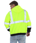 Back view of a man wearing High Visibility Class 3 Zip Up Hoodie Sweatshirt For Men With Reflective Stripes Padded Lining