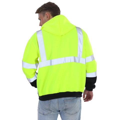 Back view of a man wearing High Visibility Class 3 Zip Up Hoodie Sweatshirt For Men With Reflective Stripes Padded Lining