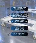 Heavy Duty Aluminum Milk Crate Dolly With Smooth Roll Casters, platform dolly with checkmarks detailing features like payload capacity.