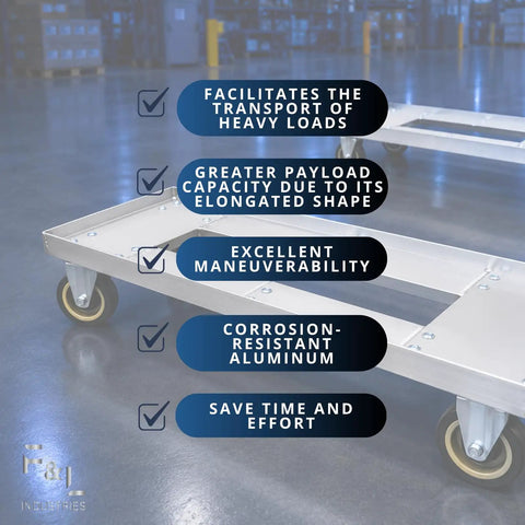 Heavy Duty Aluminum Milk Crate Dolly With Smooth Roll Casters, platform dolly with checkmarks detailing features like payload capacity.
