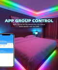 Dream Color LED Light Strip With Dynamic Chasing Effects lighting a bedroom, showing app group control on phone screen.