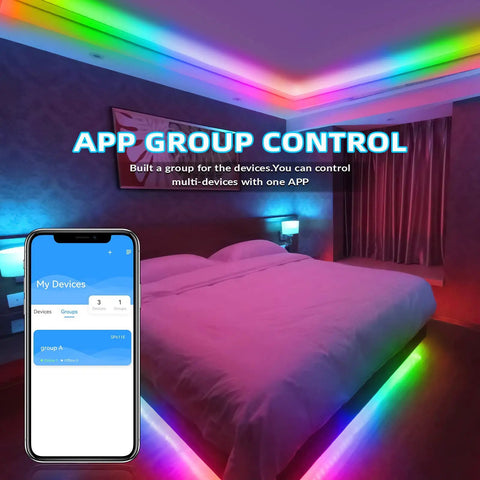 Dream Color LED Light Strip With Dynamic Chasing Effects lighting a bedroom, showing app group control on phone screen.