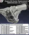 Durable Aluminum Engine Oil Cooler Filter Housing With Gasket And Bolts Direct Fit For 2016 2022 2.0L Turbo Cars Including 230i 330e 330i 430i 530i 530e 740e XDrive X3 X4 Replacement engine view.