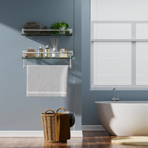 Floating Bathroom Shelf With Towel Bar 20 Inch 8mm Tempered Glass On SUS304 Stainless Steel in a bathroom setting.