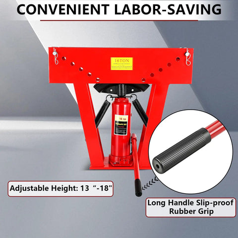 16 Ton Manual Hydraulic Pipe Bender With 45 Steel Frame For Copper And Metal Tubes Includes 8 Dies For Professional Bending Projects Up To Two Inches In Diameter With Adjustable Height And Smooth Operation showing adjustable height and slip-proof handle.