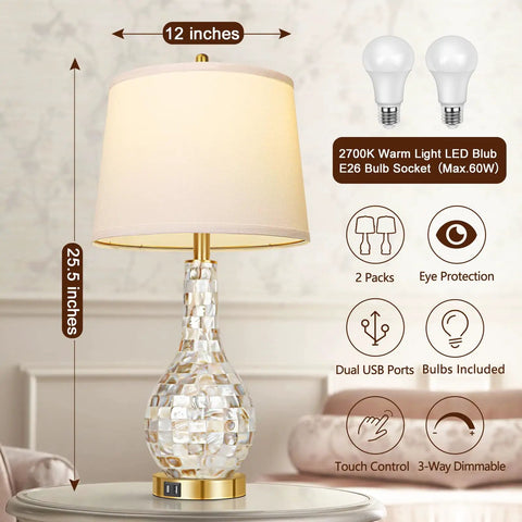 Gold Table Lamp Set Of 2 For Living Room With Shell Tile Inset, Coastal Nightstand Lamp With USB Ports, 12x25.5 inches