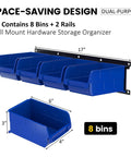 Wall Mounted Garage Storage Bin Rack With 8 Bins And 2 Rails Blue Large Tool Organizer for workshop display