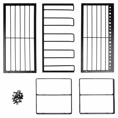 Components of Kickin Heavy Duty 3 Tier 16 Inch Wall Mount Power Tool Organizer laid out, including iron frames and screws.