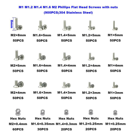 Slick 900 Piece M1 To M2 304 Stainless Steel Phillips Countersunk Flat Head Machine Screws And Metric Hex Nuts Assortment Kit displayed in a grid.