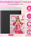 10x13 Inch Black Bubble Mailers 40 Pack Waterproof Padded Envelopes Self Seal Cushioning displayed with magazine for size reference