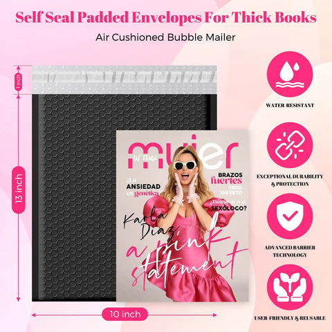 10x13 Inch Black Bubble Mailers 40 Pack Waterproof Padded Envelopes Self Seal Cushioning displayed with magazine for size reference