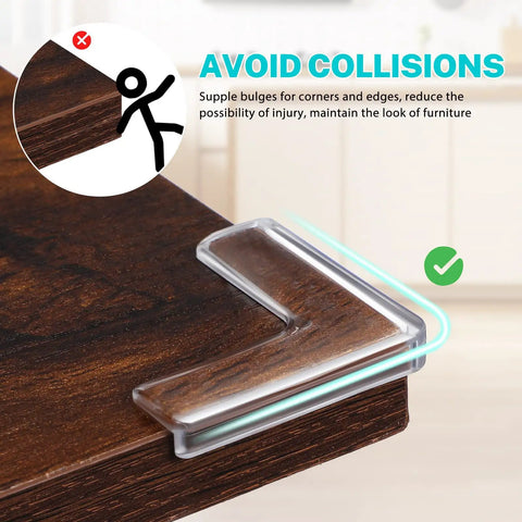 Close-up of silicone corner protector on wooden table, part of Eight Piece Silicone Corner Protectors For Baby Proofing And Home Safety Slim Edge Guards To Cover Sharp Furniture Corners Anti Collision Bumpers For Tables Cabinets And Windows