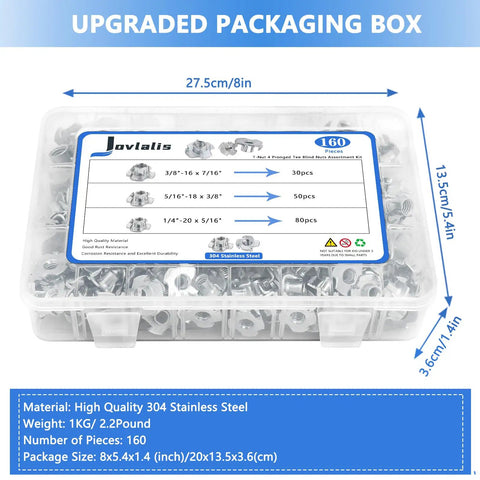 Heavy Duty T Nuts 304 Stainless Steel Assortment 160 Piece Kit in upgraded packaging box with label and assorted fasteners.