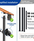 Installation guide for Sturdy Metal Wood Grain Handrail For 3 Step Outdoor Stairs with screws and components.
