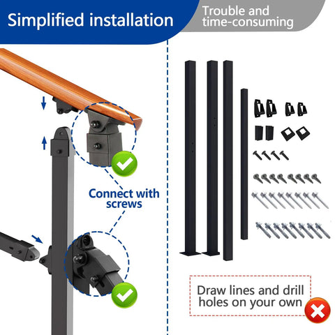 Installation guide for Sturdy Metal Wood Grain Handrail For 3 Step Outdoor Stairs with screws and components.