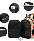 Open view of Vibrant Watercolor Poppies Backpack in red, pink, and yellow with multiple inner pockets and large capacity daypack.