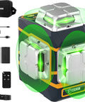 Game Changing Ultra Bright Green Laser Level 3x360 Self Leveling For Construction And Picture Hanging With 1x360 Horizontal And 2x360 Vertical Lines, IP54 Durable, Pinpoint Accuracy 1/9 Inch At 33 Feet, Six Line Modes For Indoor Or Outdoor Projects. green 3D laser level with case, cable, batteries, remote, and mount