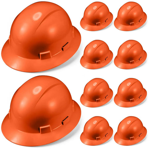 10 Pack Full Brim Hard Hats Orange Construction Helmet HDPE Safety Gear With 6 Point Adjustable Ratchet Suspension For Men And Women