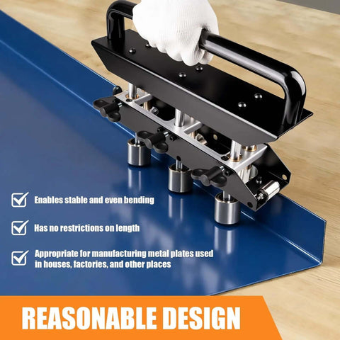 Pro Grade Three Station Edge Roller Bender for metal roofing bending tool on blue panel, features stable bending.