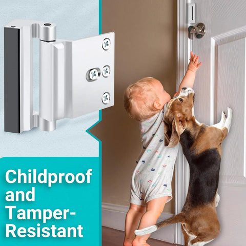 2 Pack Door Reinforcement Lock For Front Door Home Security Upgrade installed on door with child and dog reaching