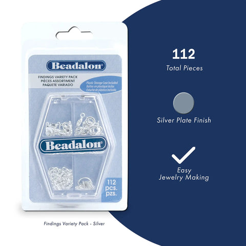 Silver Plated Jewelry Findings Kit With 112 Pieces Jump Rings, Spring Ring Clasps, Lobster Clasps, and Storage Case package