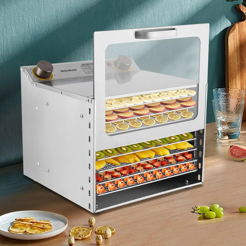 8 Tray Electric Food Dehydrator with 400W power, stainless steel, drying fruit slices, perfect for home and cafes.