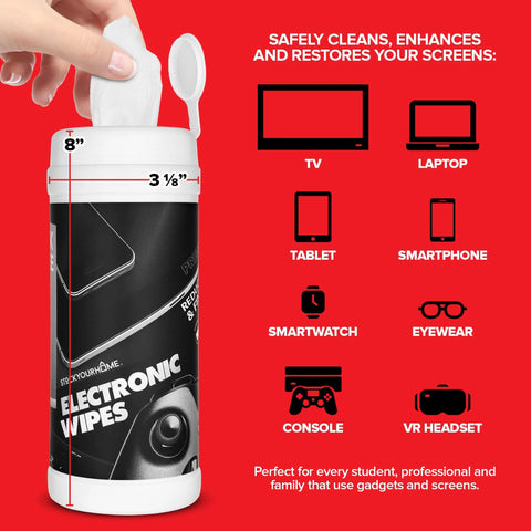 Front view of Amazon electronic screen cleaner wipes bottle, 80-count, 2-pack; for TVs, laptops, tablets, phones