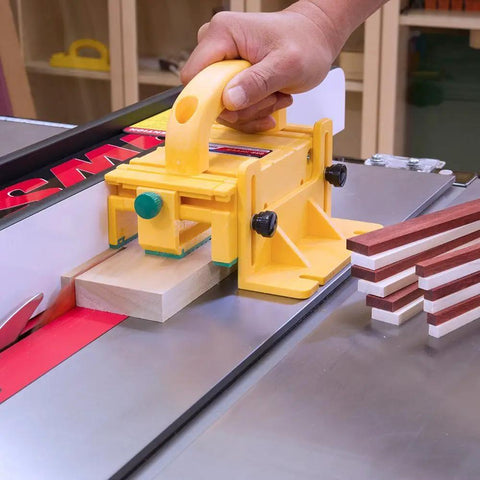 Premium Adjustable 3D Woodworking Push Block Featuring Grippy Non Slip Pads And Detachable Leg To Shield Your Knuckles From Wild Table Saw Blades in use at table saw.
