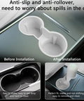 Image showing Tesla Center Console 3 Piece Upgrade Kit for Model Y 2021-2024 and Model 3 2021-2023 Dope Cup Holder Insert, anti-slip feature before and after installation.