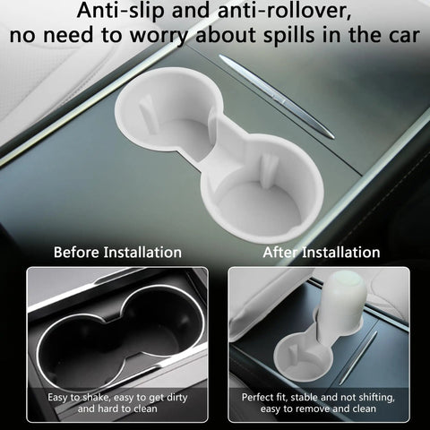 Image showing Tesla Center Console 3 Piece Upgrade Kit for Model Y 2021-2024 and Model 3 2021-2023 Dope Cup Holder Insert, anti-slip feature before and after installation.