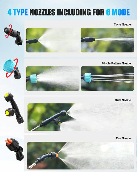 4 nozzles for Battery Powered Sprayer 2 Gallon For Yard And Garden, showing cone, 6 hole pattern, dual, and fan spray types.