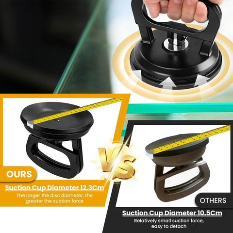 Comparison showing Beefy 50Lb Heavy Duty Vacuum Lifter with larger suction cup next to smaller alternative on glass surface.