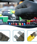 Hand installing a green and yellow fuse into a fuse box using the Heavy Duty 306 Piece Automotive Fuse Assortment Kit With Puller And Tester.