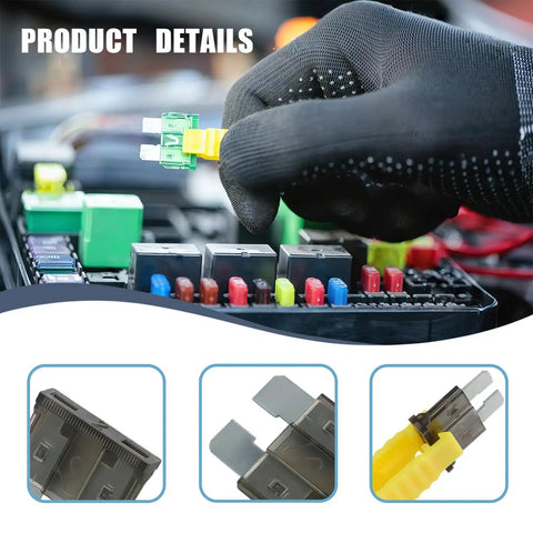 Hand installing a green and yellow fuse into a fuse box using the Heavy Duty 306 Piece Automotive Fuse Assortment Kit With Puller And Tester.