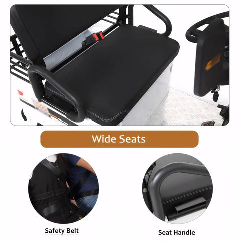Interior view of 2 Person Electric Golf Cart Adult Work Vehicle With Storage Box 800W 60V Motor featuring wide seats and safety belt.
