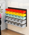 Wall-mounted garage storage bins rack with 4 color-coded bins and 30 piece bin organizer for nuts, bolts, and small parts.