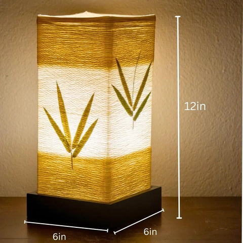 Japanese Lantern Bamboo Table Lamp With Cherry Blossom Accent Dimmable Nightstand Light 6x12 inches on wooden table
