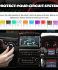 120 Piece Car Fuse Kit With Puller Tool Color Coded Fuses 35A Through 2A for Easy Wiring Protection, dashboard with hand adjusting dial, screen display and gauges in car interior.