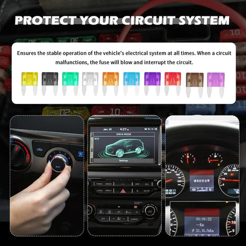 120 Piece Car Fuse Kit With Puller Tool Color Coded Fuses 35A Through 2A for Easy Wiring Protection, dashboard with hand adjusting dial, screen display and gauges in car interior.