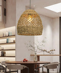 Seagrass Chandelier With Handwoven Rattan Wicker hanging above dining table, rustic light fixture for kitchen or dining room, 15.74 inch