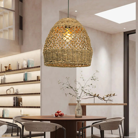 Seagrass Chandelier With Handwoven Rattan Wicker hanging above dining table, rustic light fixture for kitchen or dining room, 15.74 inch
