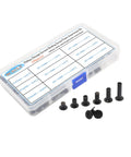 Badass Chicago Screws Binding Post Assortment Kit 120 Piece Rugged Carbon Steel Hardware Set With Sleek Black Finish For Leather Craft Sewing And Gear Repair in clear case with assorted sizes.