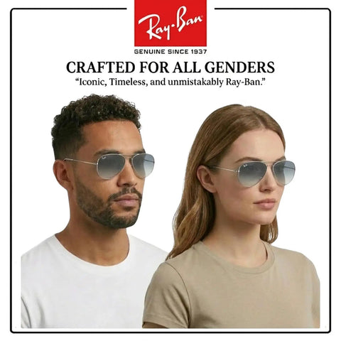 Two models wearing RB3025 Pilot Shape Non Polarized Sunglasses For Men And Women With Light Blue Gradient Lenses Dope Aviator Vibe
