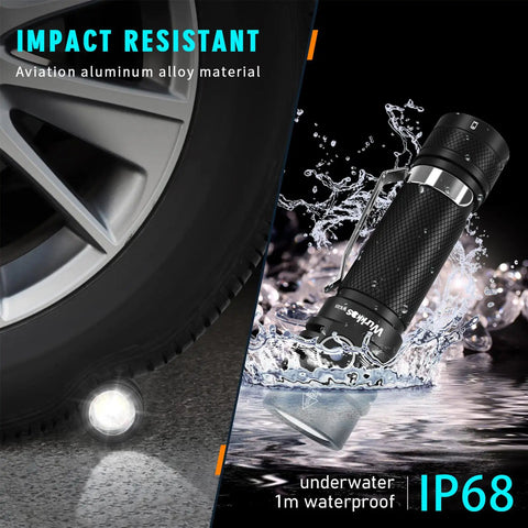 Pocket Sized Rechargeable LED Flashlight 1800 Lumen Max Brightness With 6 Modes IP68 Waterproof SST40 LED in water and near car tire
