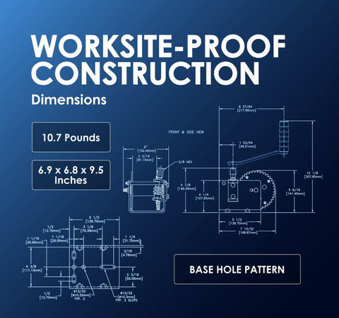Blueprint of Heavy Duty Worm Gear Winch With Five-Eighth Inch Hex Drive For Drill Powered Lifting And Manual Use, 2000 Lb Capacity