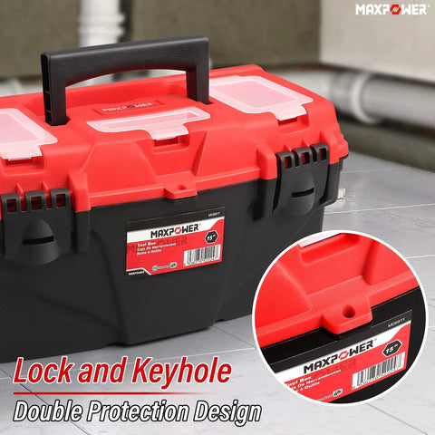 Red and black portable tool box with lock and keyhole, 15-inch size, part of 3 Pack with removable tray for garage organization.