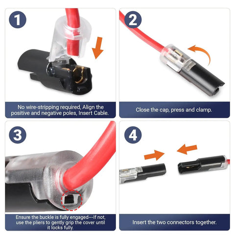 Step-by-step image of One Pin Low Voltage Wire Plug-In Connector for 16-18 AWG showing installation process.