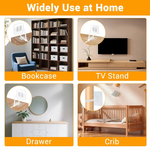 No Sweat No Drill Furniture Adhesive Anchors 10 Pack securing bookcase and TV stand to prevent tipping, ideal for baby proofing.
